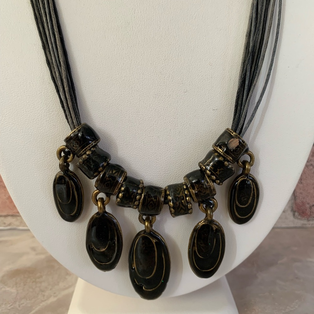 Vintage Black and Gold Enamel Brass Necklace